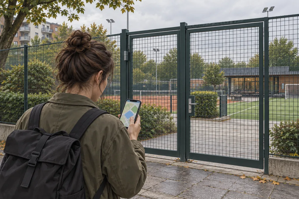 Une personne consulte une carte sur son téléphone devant l'entrée d'un club sportif.