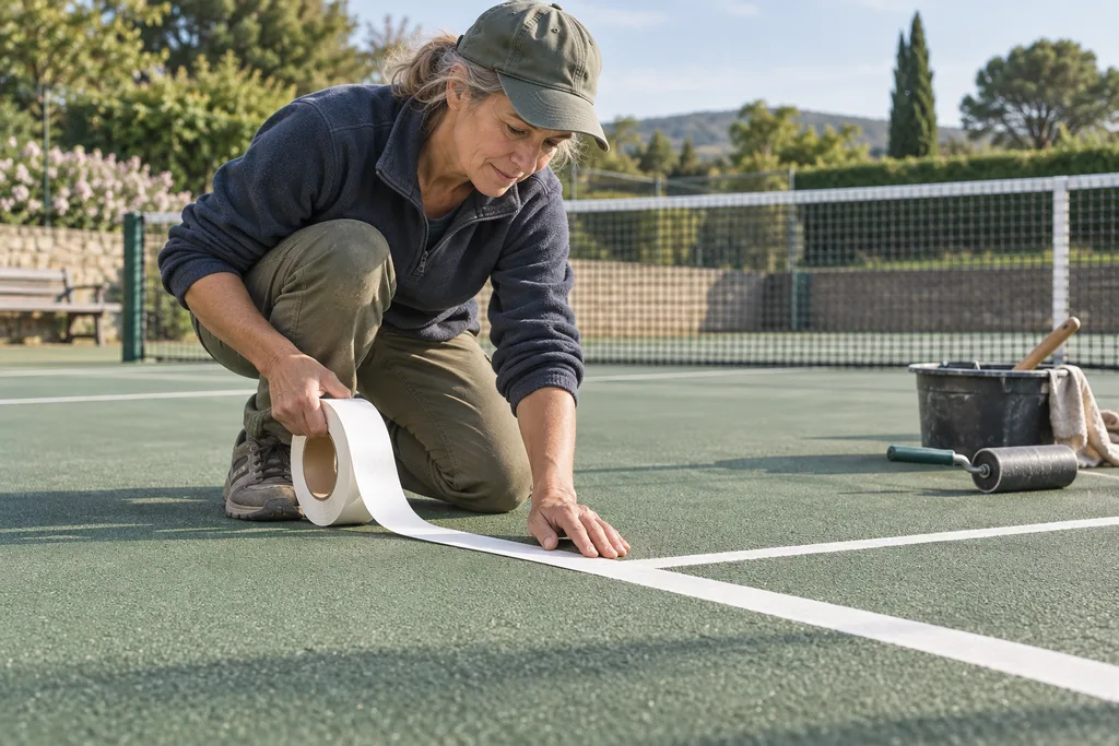 Un dirigeant de club mesure et trace des lignes de pickleball sur un court de tennis.