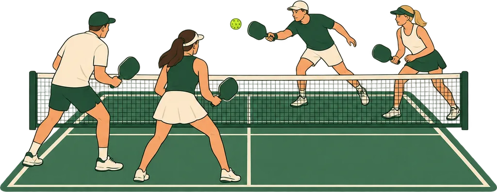 Quatre joueurs amateurs disputent un double de pickleball sur un court intérieur de club, avec raquettes pleines et balle perforée.