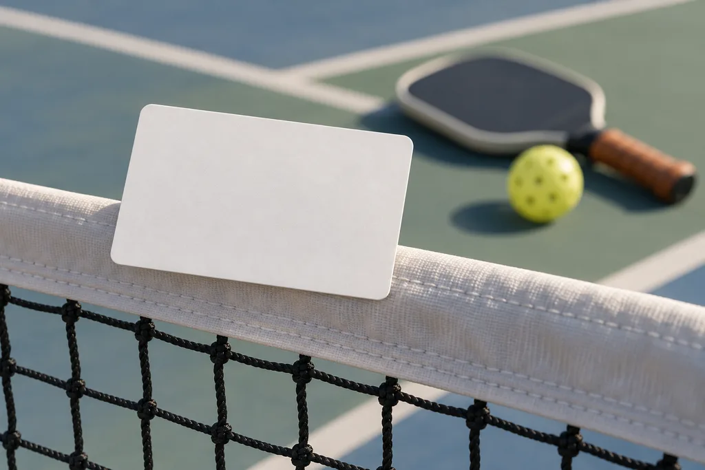 Une carte de licence posée sur un filet de pickleball, à côté d'une raquette.