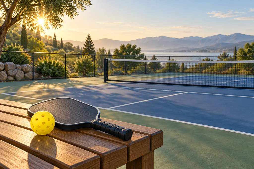 Une raquette rigide et une balle plastique perforée posées côte à côte sur un banc, au bord d'un court.
