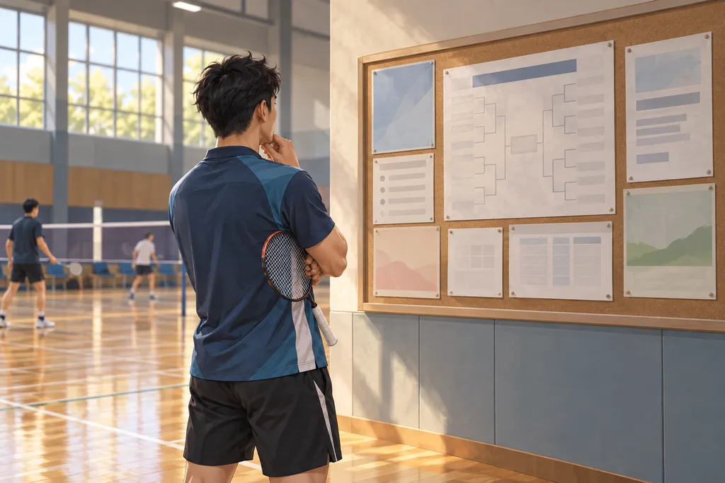 Un joueur consulte un tableau de tournoi affiché sur un panneau, en tenue de sport, raquette sous le bras.